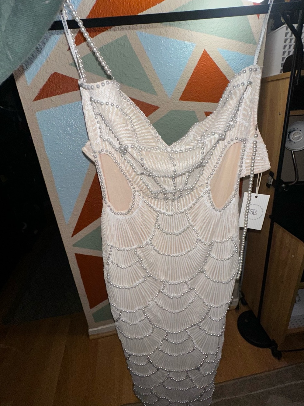 Beaded Ivory Strapless Sheath Dress with Scallop Detailing